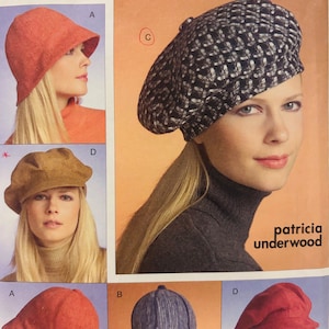 May include: Vogue accessories pattern V8440 featuring various hat designs. The image shows a woman wearing a black and white patterned beret, and other hat styles in red, brown, and blue. The text "patricia underwood" is visible.