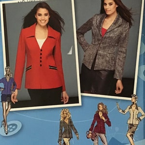 May include: A sewing pattern for a blazer with a V-neck and button closure. The pattern includes instructions for making a red blazer, a gray blazer, and a black and white plaid blazer. The pattern is from Project Runway and is size US 6-14.