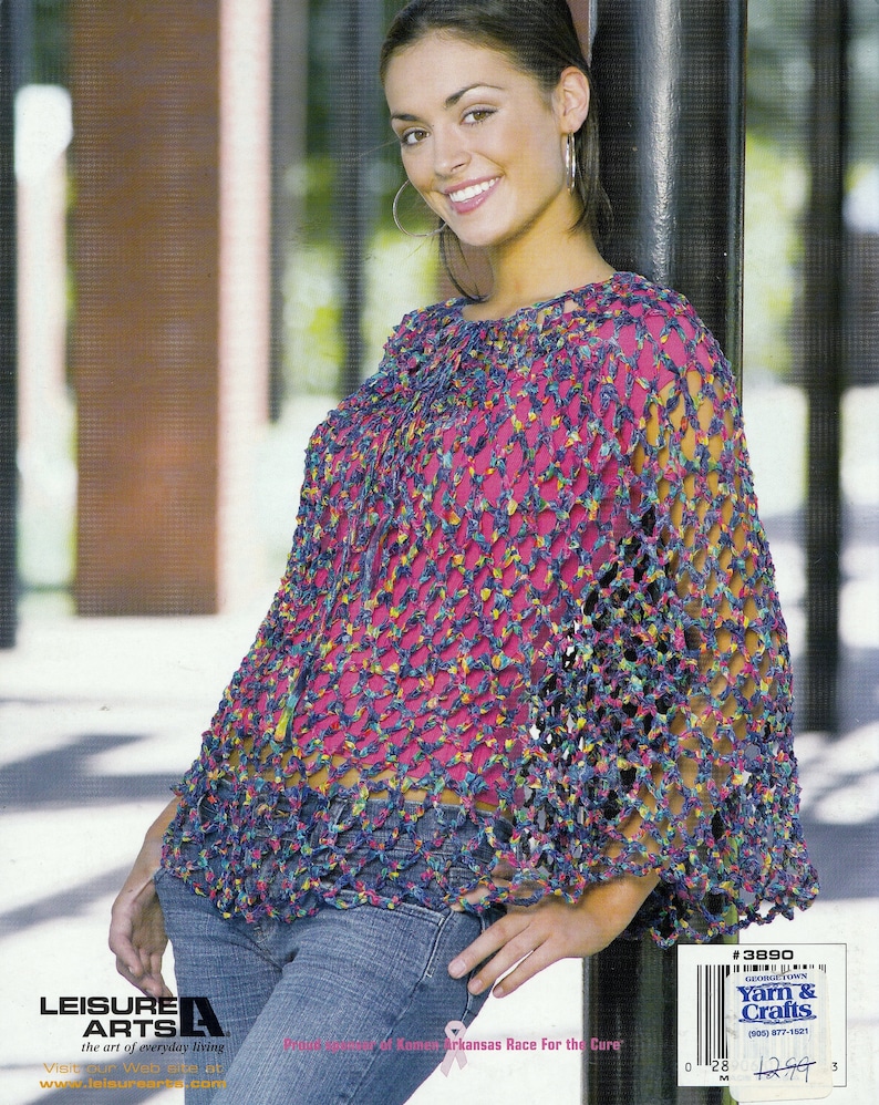 5 Designs Sz Crochet Pattern Granny Square Poncho XS-Xl Textured Poncho Poncho Pizazz Designs by Kay Meadors Ribbon Poncho