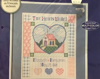 J. & P. Coats Cross Stitch Kit - Two Hearts United - Patchwork Wedding Marriage Record - 10 x 12” - Sealed - New in Package