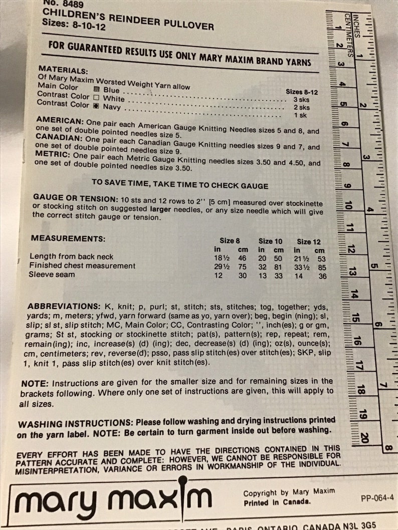 Vintage Knitting Patttern Graph Style Children\u2019s Girls\u2019 Boys\u2019 Reindeer Pullover Sweater Size 8-10-12 yr Original not PDF Leaflet 8489