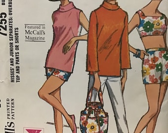 Vintage 60’s McCall's 7255 Women’s Turtle Neck Overblouse, Bra-type Top, Pants or Shorts Size 13 - Bust 33” - Complete and Cut