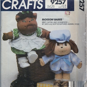 McCalls 9257 Sewing Pattern Blossom Babies Cattail Dogwood 16&quot; Soft Sculptured Animal Dolls Body Dress Panties Jacket Hat Shorts Uncut FF