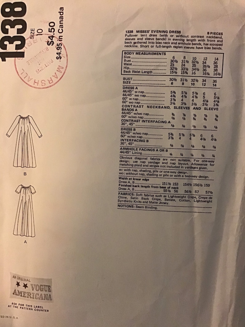 Uncut 10 Sewing Pattern Vogue 1338 Geoffrey Beene American Designer Women/'s Caftan Style loose fitting Tent Dress Sz Original Not PDF