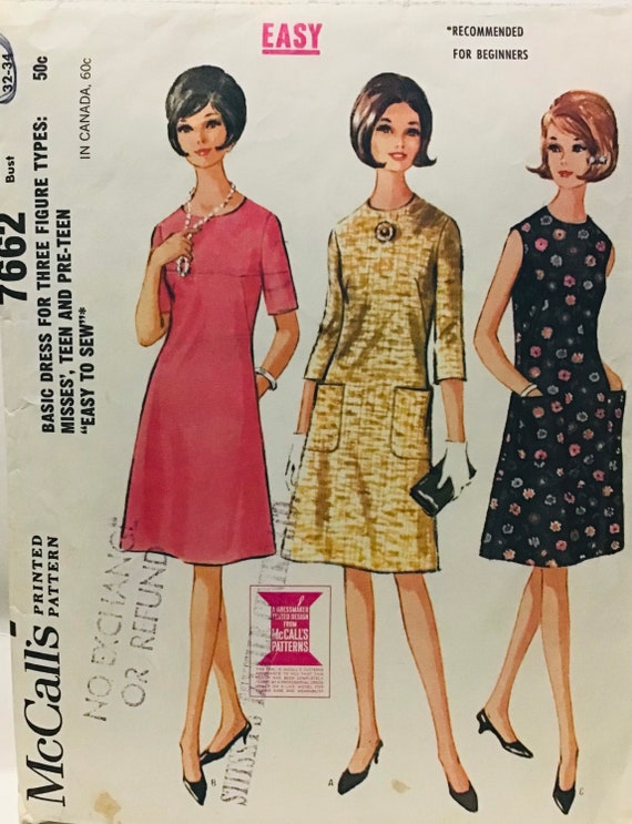 Vintage 60s McCall's 7662 Womens Flares Dress Size 12-14 - Bust 32-34 -  Partially Cut and Complete