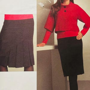 May include: A vintage Anne Klein New York Vogue American Designer pattern. The image shows a red jacket with black buttons, a black skirt, and a red top. The pattern includes a skirt with pleats. The size is AA (8-10-12).