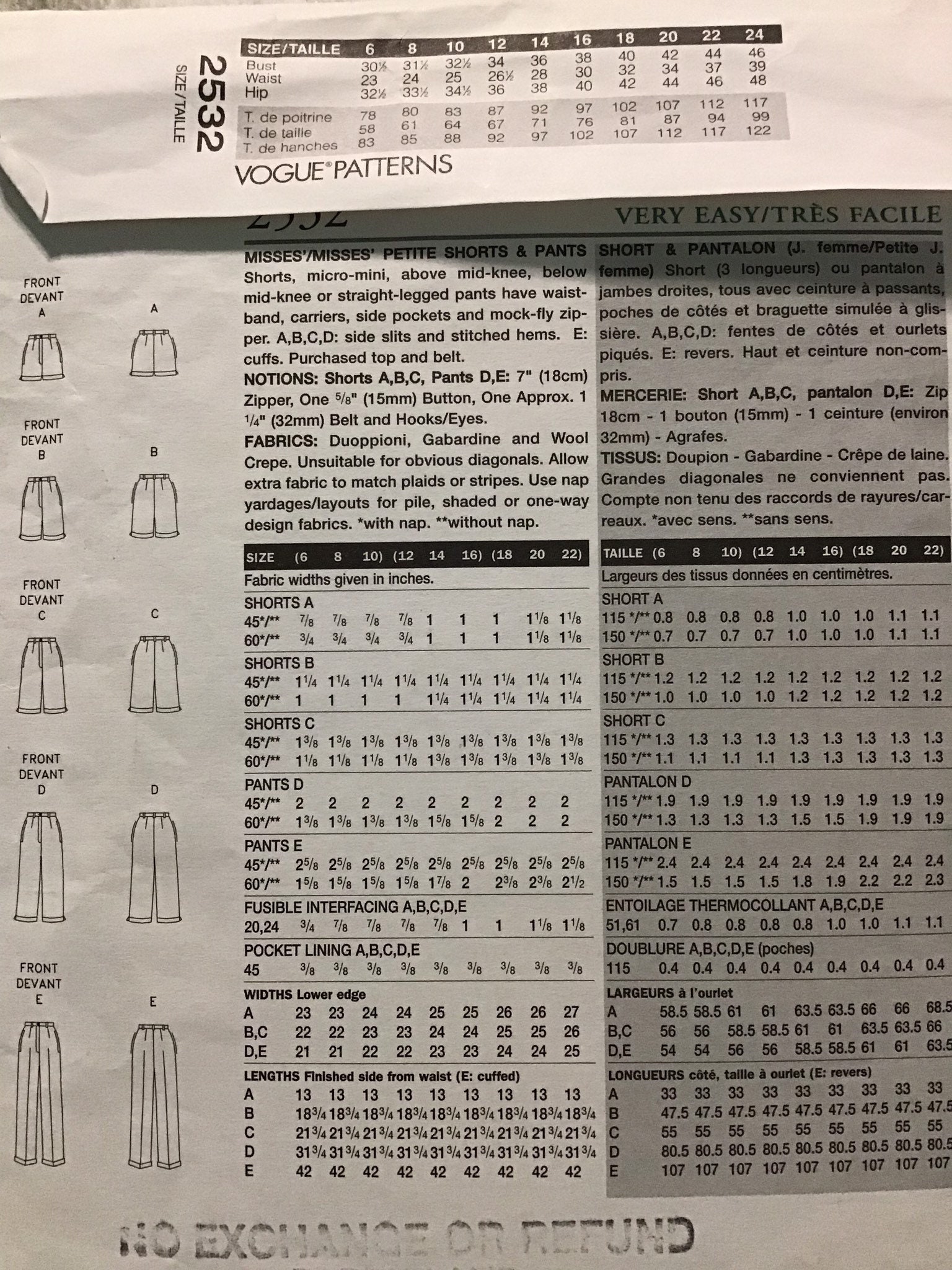 Sewing Pattern Vogue 2532 Women’s Misses’ Shorts and Pants - Size 6-8 ...