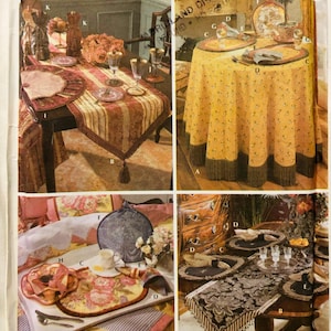 May include: A sewing pattern for table linens in four different styles: English Cottage, French Country, Federal, and Victorian. The pattern includes instructions for making a tablecloth, runner, and placemats. The pattern is from the ShowHouse Tabletop collection.