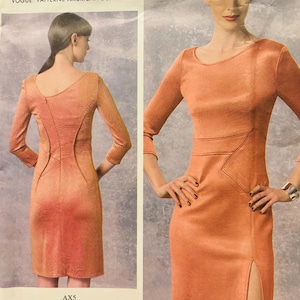 May include: A sewing pattern for a dress with a long sleeve and a slit up the side. The pattern is for sizes 4-6-8-10-12. The pattern is by Ralph Rucci, an American designer.