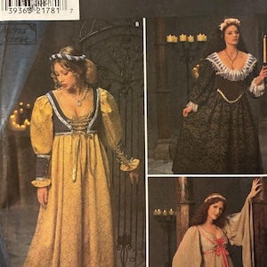 May include: Simplicity Costumes sewing pattern number 8192 for sizes 10, 12, and 14. The pattern includes instructions for making three different medieval-style gowns. The first gown is a yellow gown with a blue and gold trim. The second gown is a black gown with a white lace collar and a black velvet bodice. The third gown is a brown gown with a white lace collar and a pink sash.
