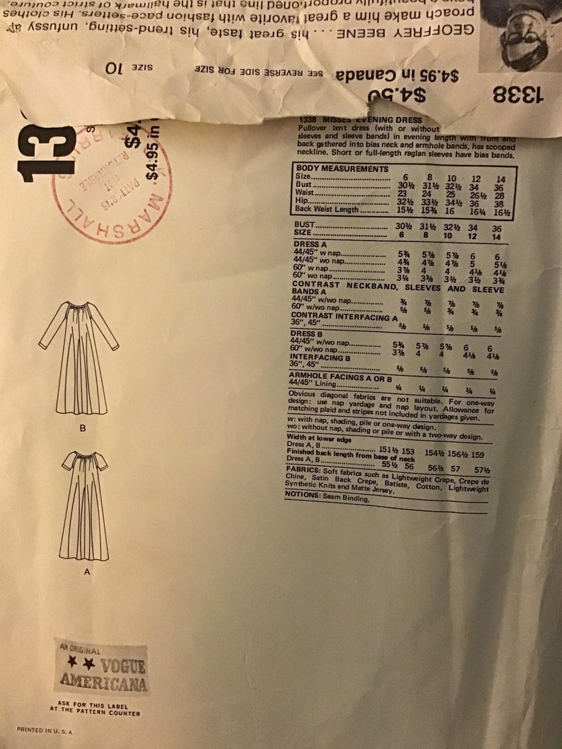 Uncut 10 Sewing Pattern Vogue 1338 Geoffrey Beene American Designer Women/'s Caftan Style loose fitting Tent Dress Sz Original Not PDF