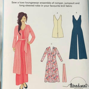May include: A sewing pattern for 3-in-1 loungewear, including a romper, jumpsuit, and long-sleeved robe. The pattern features illustrations of the garments in various colors and styles. Sizes range from XS to XXL.
