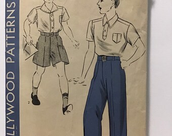 Vintage 40's Naaipatroon Hollywood Patterns 488 Boy's Long of Short Cuffed Pants Broeken - Maat 10 - Taille 26" - Compleet