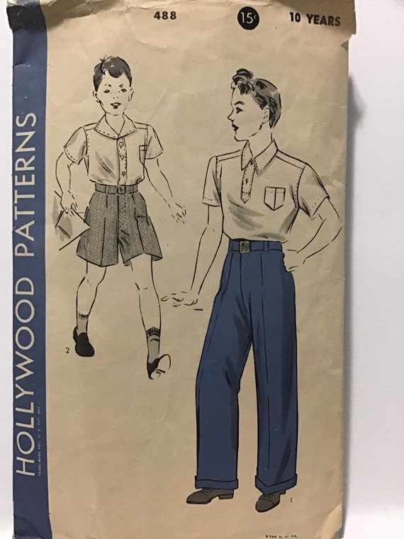 Vintage 40s Sewing Pattern Hollywood Patterns 488 Boy's Long or Short  Cuffed Pants Trousers Size 10 Waist 26 Complete 
