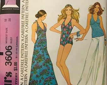 Sewing Pattern McCall’s 3606 Women’s Swimsuit Halter  Dress Top Pants  - Size Large Sz 16 Bust 38” Uncut Factory Folds