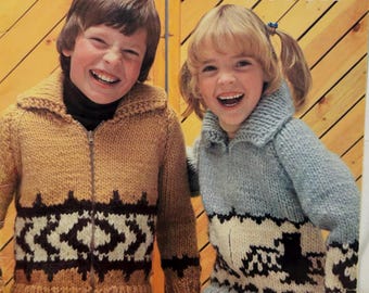 May include: A vintage knitting pattern booklet featuring two children wearing colorful sweaters. The cover features the text "Patons Outdoor Children" and "Plein air pour enfants".