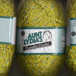 3 Skein&#39;s Aunt Lydia&#39;s Twinkles Crochet Yarn - Color Lime - 0283 - by Coats & Clark - 50 g 1.76 oz - 93 yards - 85 m  Rayon/Cotton/Metallic