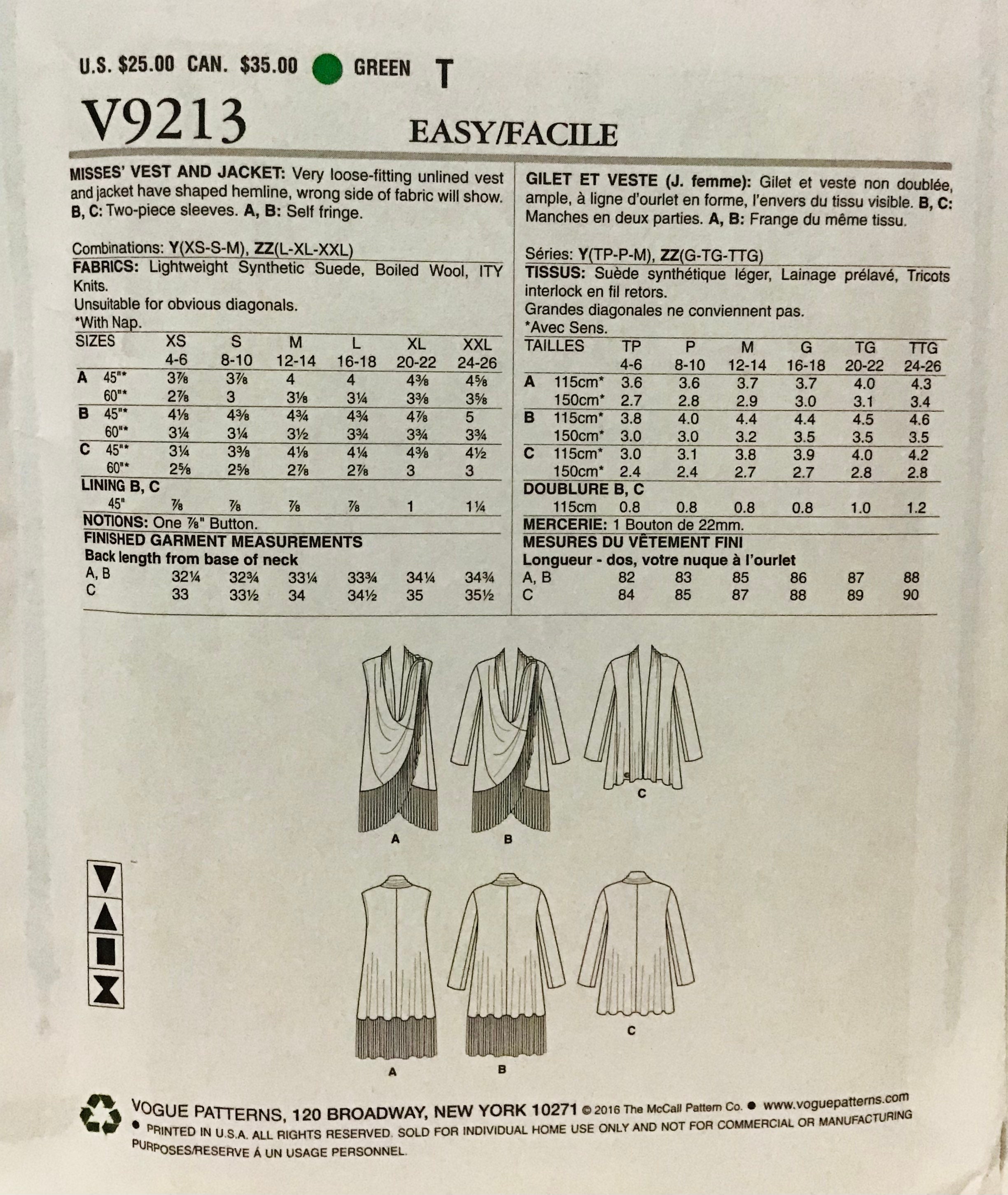 Sewing Pattern Vogue 9213 Women’s Very Loose-fitting Vest and Jacket ...