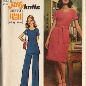 Vintage 70&#39;s Sewing Pattern 5556 Jiffy Knits Short Raglan Sleeve Dress or Tunic and Pants - Sized for Stretch knits - Sz 14 - Bust 36 Uncut