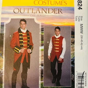 Pode incluir: Um padrão de costura para um colete e uma jaqueta de traje vermelho e preto. O padrão é para os tamanhos MWW (38-40-42-44) e é da McCall's Costumes. O padrão é para a série de televisão "Outlander".