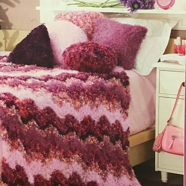 Bernat Knitting Pattern Boa Eye Lash Cool Dorm Room Blanket Afghan Throw Pillows Square Round Rug - 6 Designs