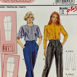 Puede incluir: Un patrón de costura Burda Studio para pantalones, con ilustraciones de dos mujeres modelando diferentes estilos de pantalones. El patrón incluye información de tallas y el texto "HOSE / PANTALON / PANTS".
