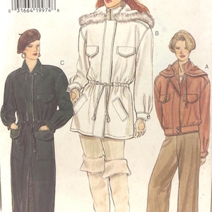 Pode incluir: Padrão de costura Vogue Patterns com três ilustrações de moda. O padrão inclui um casaco longo preto, um casaco branco com capuz com acabamento em pele e um casaco castanho. O tamanho do padrão é 12-14-16.