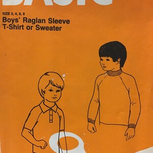 Vintage 70er Schnittmuster Basic Knits Boys &#39; Raglan Ärmel T-Shirt oder Pullover Rollkragen Nancy Jefferson - Stretch Knits Only - 2-4-6-8