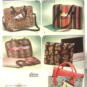 May include: A sewing pattern for making five different laptop bags. The bags are shown in various fabrics, including leopard print, striped, floral, and solid colours. The pattern is by Andrea Schewe and is for one size. The pattern is from Simplicity.