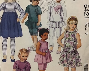 Sewing Pattern McCall’s 5421 Girls Dress, Top, Leggings in 3 Lengths - Stretch Knits Only - size 5 - Uncut Factory Folds