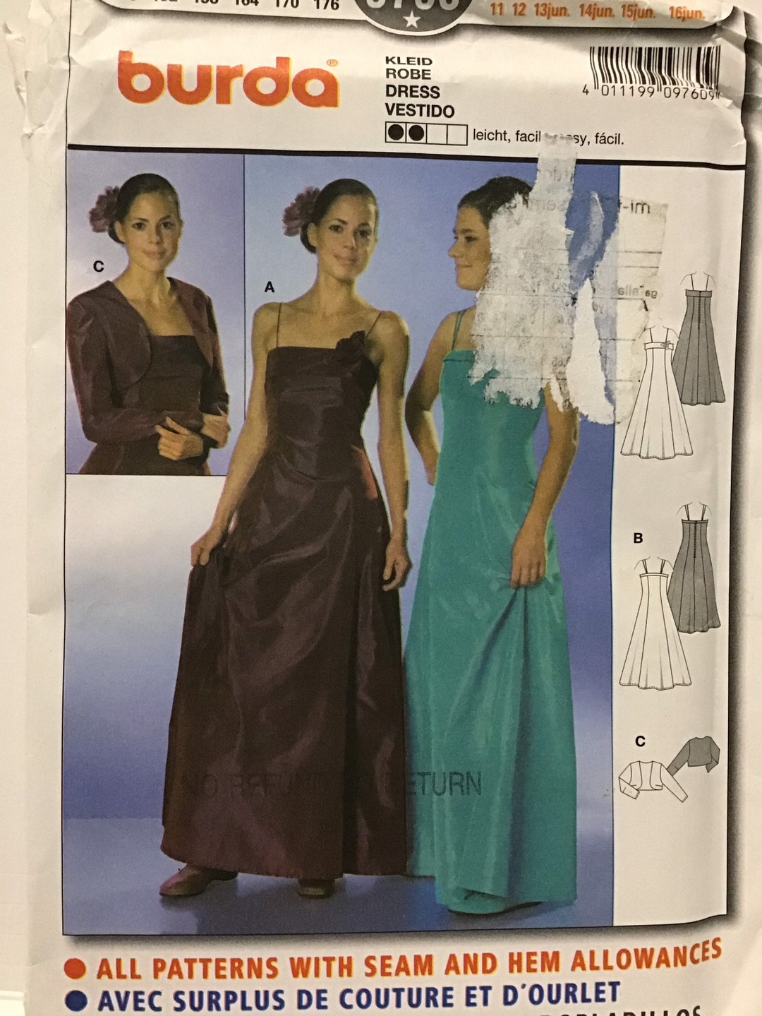 Patron De Couture Burda 7305 - Robe, Veste Et Boléro De Soirée - Tailles 36 à 48