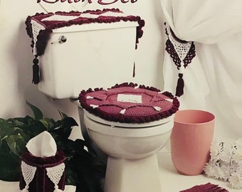 Annie’s Attic Crochet Pattern - Tassled Bath Set - Tissue Cover, Tank Topper, Shower Curtain Valance & Tie Back, Tub Mat, Lid Cover