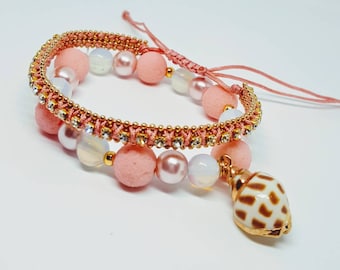 Mermaid Bracelet, Hermit Crab Seashell Bracelet Conch Shell Jewelry, Coral Pink, Peach Jewellery