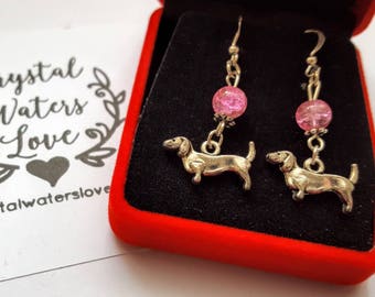 Dachshund Earrings / Sausage Dog Jewelry / Wiener Earrings / Antique silver tone / Choose bead colour