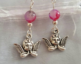 Angel earrings cherub earrings Cerise Pink Agate Gemstone earrings Silver hooks Cherub jewellery angel jewelry Angel drops fuschia pink