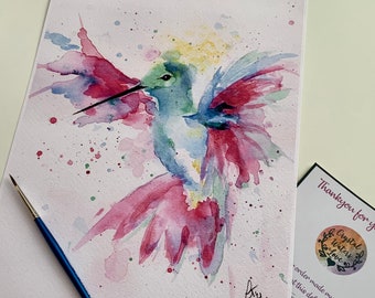 Hand Painted Hummingbird Art, Watercolour Bird Print, Bird Greetings Card