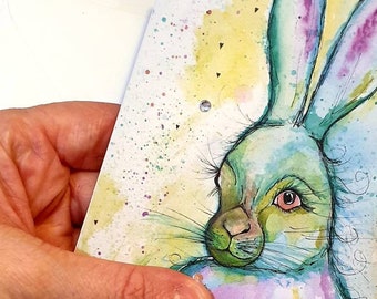 Beautiful Hare Illustrated Easter Card, With Crystals, Hand finished Watercolor Cards