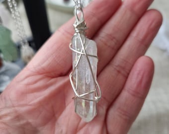 Quartz Pendant Necklace, Quartz Crystal, On Long Chain, Wire Wrapped, Healing Crystal