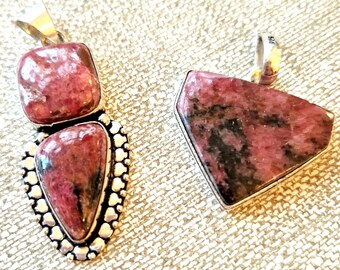 Rhodonite Crystal Pendant Necklace: Silver Plated Chain, Stone of Love