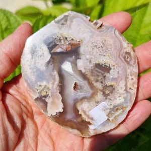 May include: A large, round, polished agate slice with a white, gray, and brown color pattern. The agate has a natural, organic shape and a smooth, polished surface.