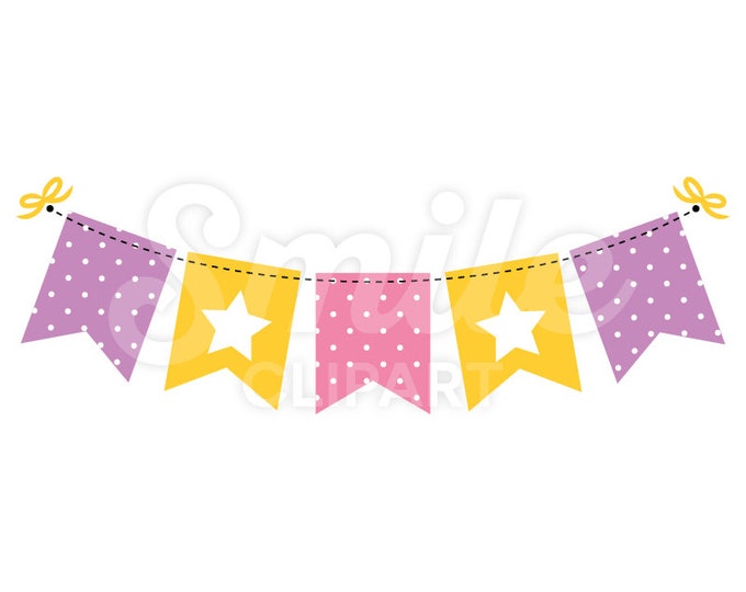 Bunting banner swallowtailed flags star polkadot purple pink and yellow vector illustration - 00027