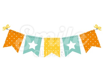 Bunting banner swallowtailed star polkadots orange turquoise and yellow vector illustration - 00026