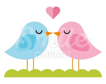 Lovebirds kissing bird couple pink blue vector illustration - 00061
