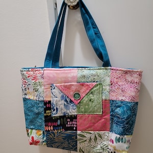 Blue Flowered Batik Handbag with Inside Pockets