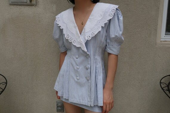 vintage cotton blue and white striped blazer skirt