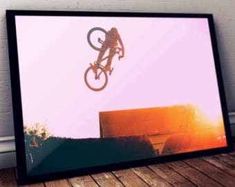 Santa Cruz Mountain Bike Art Print, Sunset Silhouette, Framed Sports Poster