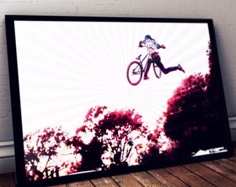 Mountain Bike Jump Art Print, Santa Cruz Sunset, Sports Poster, Framed