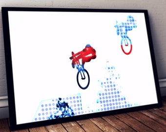 Mountainbike Sunset Jump Art Poster, Inramad Print