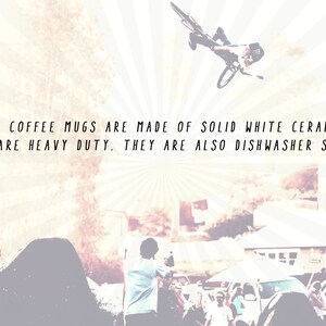 May include: White ceramic coffee mugs with the text "OUR COFFEE MUGS ARE MADE OF SOLID WHITE CERAMIC AND ARE HEAVY DUTY. THEY ARE ALSO DISHWASHER SAFE."