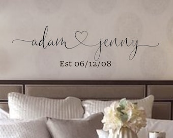 Couples wall decal, name heart name sign, couples name sign, couples name art, bedroom wall decal, master bedroom decal, established date